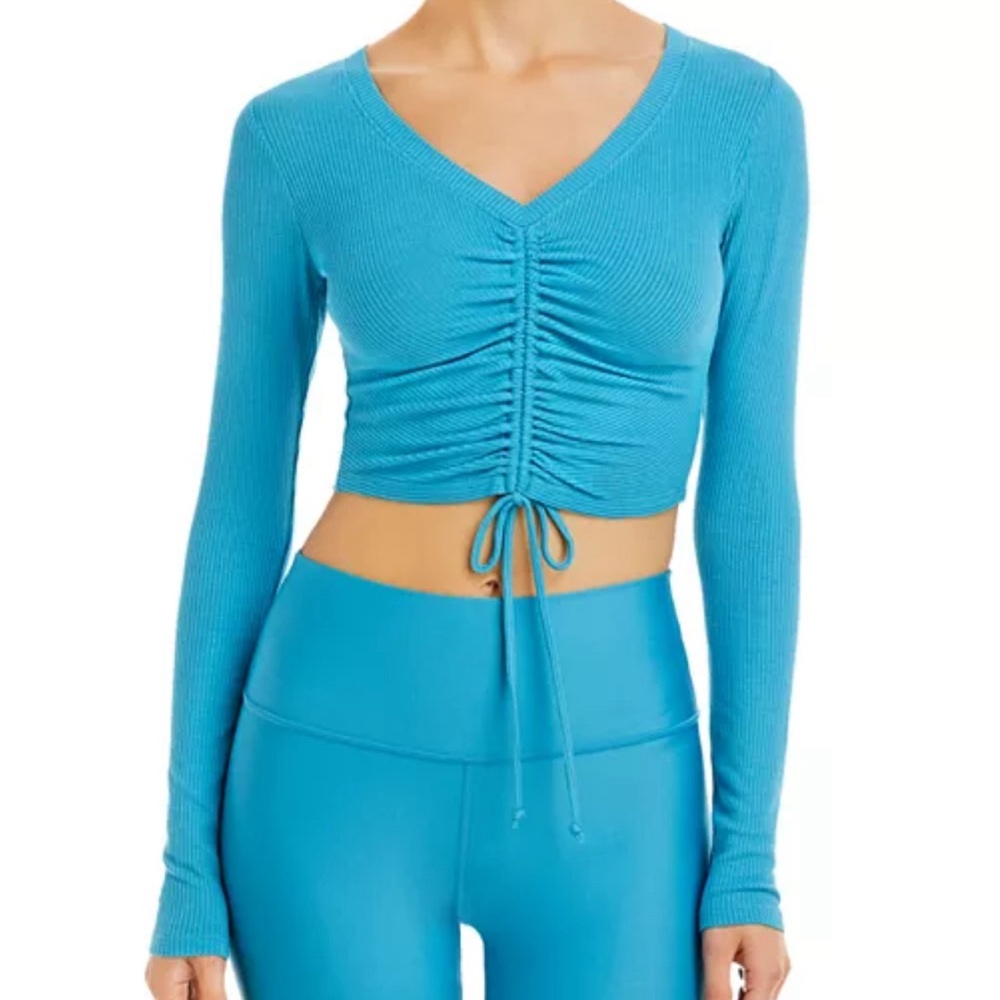 ALO Yoga Blue Turquoise Ruched V-Neck Cinched Crop Top Long Sleeve
